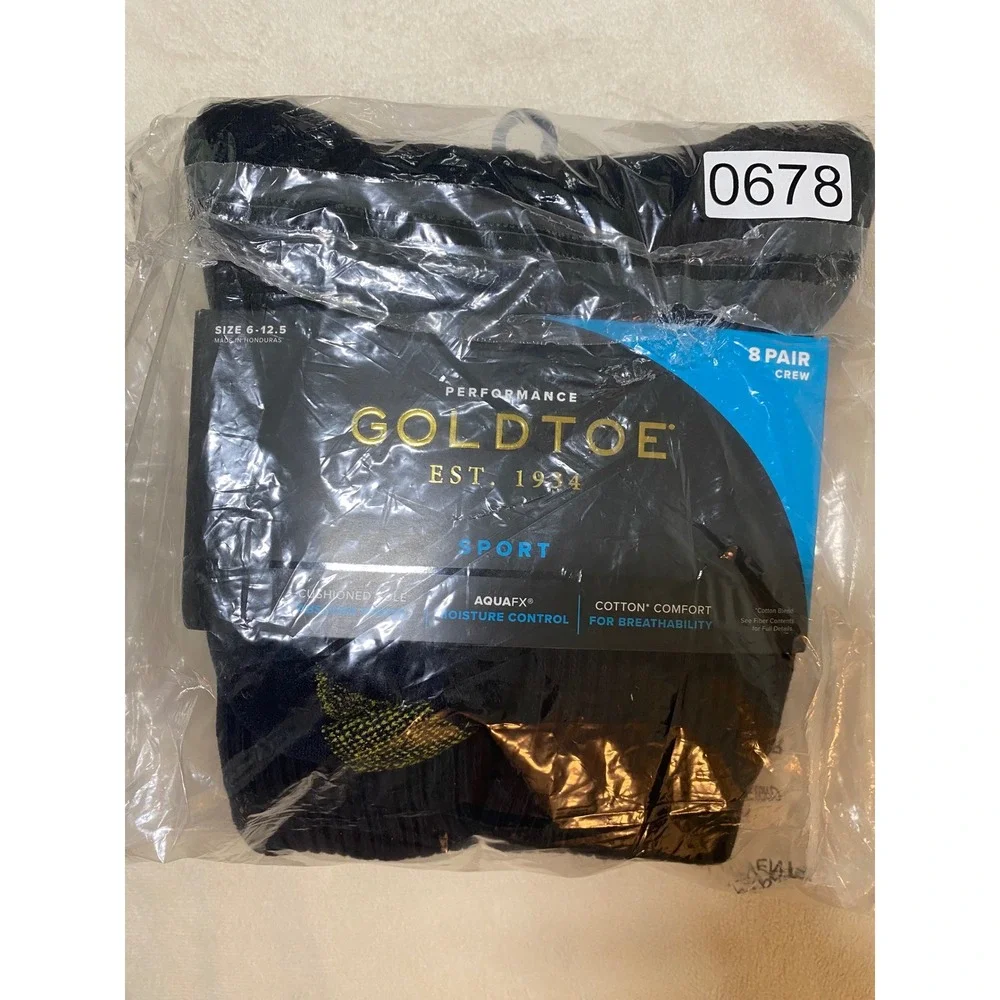 Gold Toe Crew Socks Men 6-12.5 Black NWT 8 Pair Performance Sport Cushioned